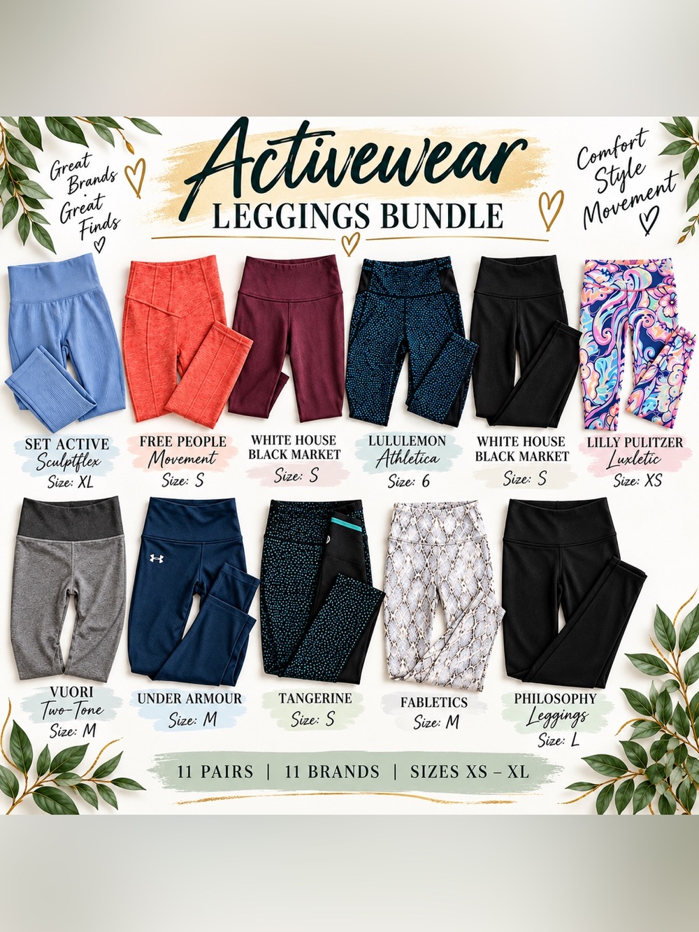 11-pair of name brand/ designer leggings vuori set active lululemon, free people